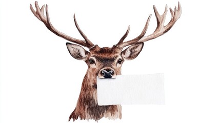 Majestic Deer Portrait with Antlers Holding a Blank Sign Watercolor