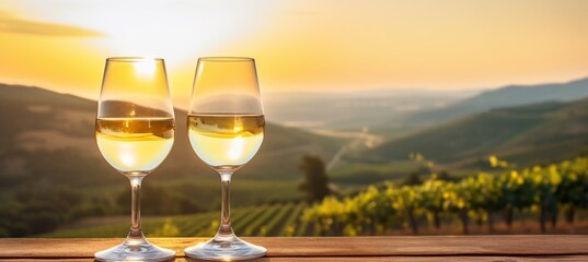Obraz premium Due bicchieri di vino bianco su tavolo di legno sullo sfondo di un paesaggio di vigneti e colline al tramonto