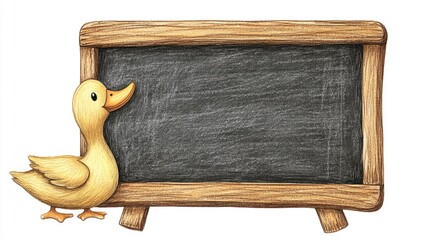 Cute Cartoon Duck Beside Blank Chalkboard Illustration