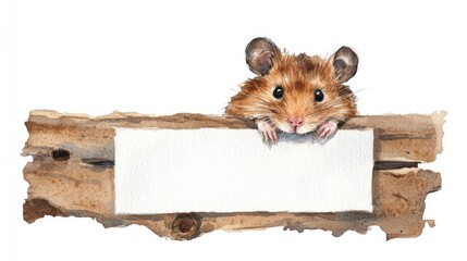 Cute Hamster Peeking from Wooden Plank with Blank Space Watercolor