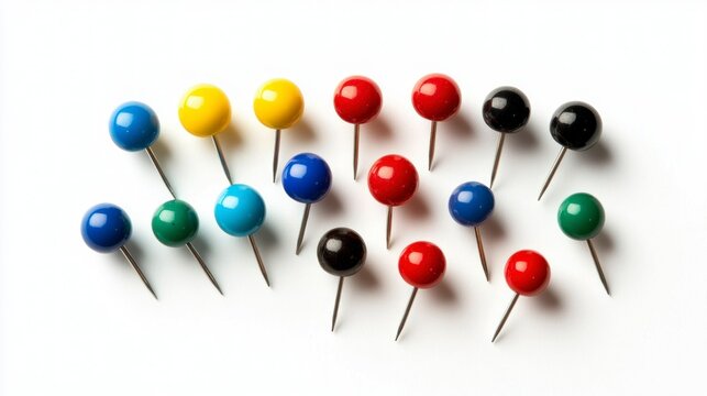 Aesthetic arrangement of colorful push pins minimalist background art display creative workspace close-up view visual organization