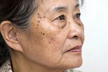Obraz premium Detailed Close-up of An older Asian woman's face showing dark age spots and pigmentation issues, highlighting skin aging and dermatology concerns