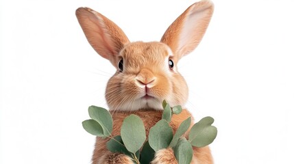 Obraz premium Cute Bunny Holding Green Leaves Against White Background