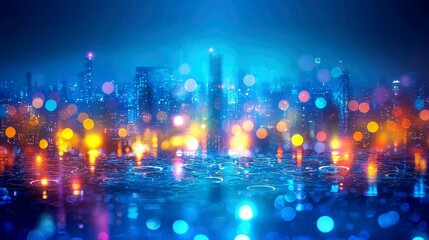 Futuristic City Nightscape: Vibrant Lights and Reflections on a Wet City Street