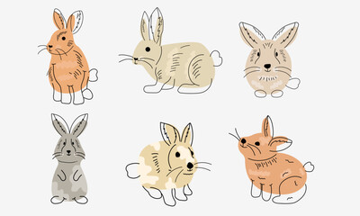 Naklejka premium Bundle Set Rabbit Style Hand Drawn. Vector Illustration