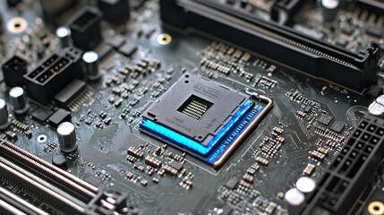 Close-up of a Modern Computer Motherboard with its Central Processing Unit. High-tech digital engineering and innovation in detail.