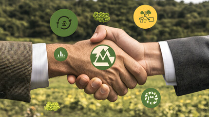 A symbolic handshake between two business leaders, surrounded by floating green energy icons, representing sustainable partnerships