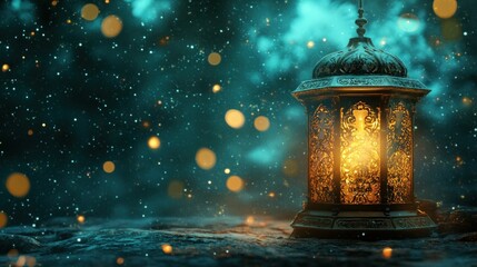 Ornate Ramadan Lantern with Mystical GlowDecorative Lantern with Candle and Bokeh Lights
