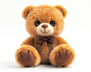 Obraz premium A teddy bear with large feet sits on the floor against a white backdrop. Its detailed fur, black eyes, and brown ribbon create a warm, inviting scene of comfort and joy.