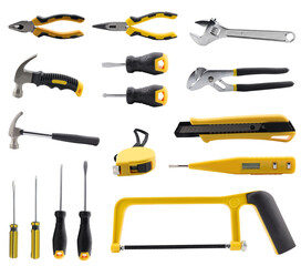 Work tools isolated on white background. Set of mechanic tools.