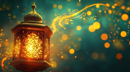 Ornate Ramadan Lantern with Mystical GlowDecorative Lantern with Candle and Bokeh Lights
