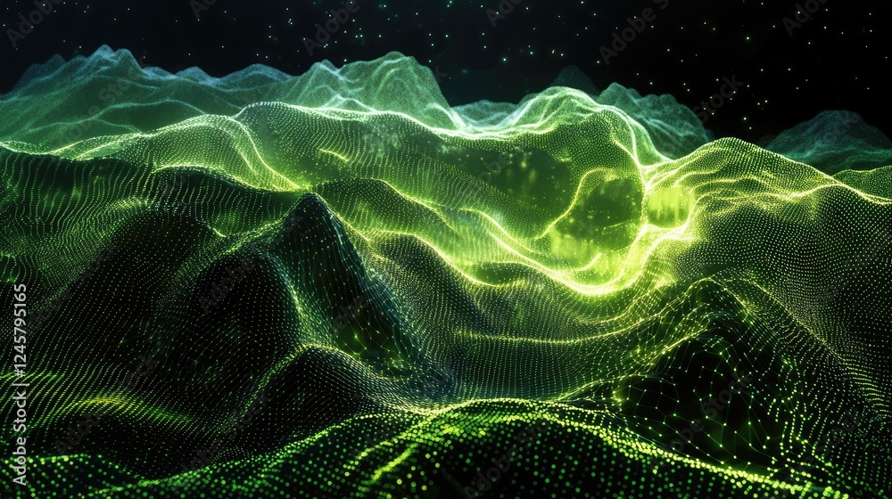 Poster A complex topographic data visualization with glowing lines and particles forming a futuristic landscape, ideal for tech and innovation-related projects.