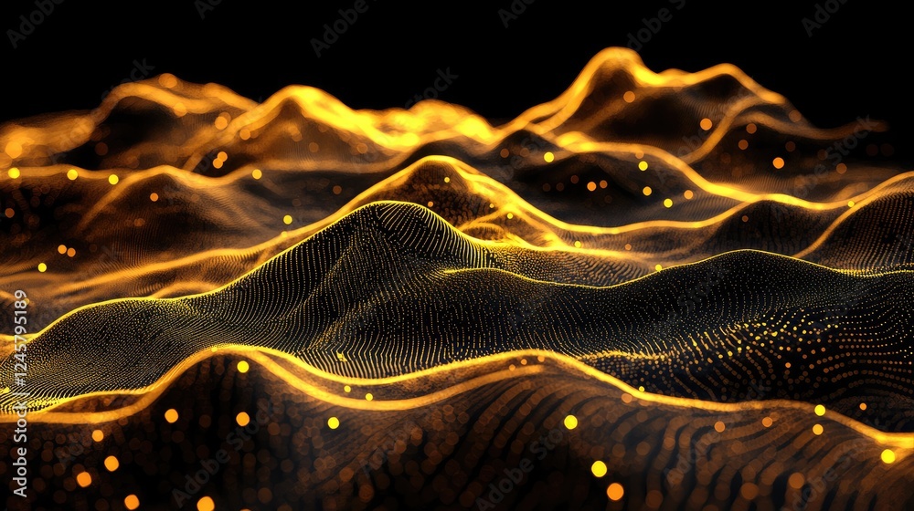 Poster A complex topographic data visualization with glowing lines and particles forming a futuristic landscape, ideal for tech and innovation-related projects.