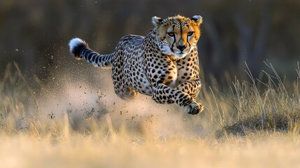 Naklejka premium Cheetah in motion: A majestic big cat running across the golden savanna. Witness raw power and speed in this breathtaking wildlife photograph.