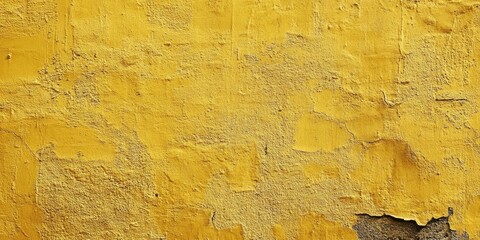 Yellow textured wall with rough patches and peeling paint features a vibrant golden hue. Ideal for backgrounds or design projects.