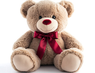 Obraz premium A cute beige teddy bear with a red ribbon sits on a white background. This soft, charming design highlights warmth and innocence, making it perfect for children?? gifts or Valentine?? Day.