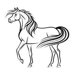 Elegant horse line drawing with flowing mane and tail in black and white, showcasing a graceful pose and dynamic movement  