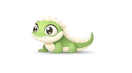 Fototapeta premium Cute green cartoon lizard character with big eyes and friendly expression on a white background