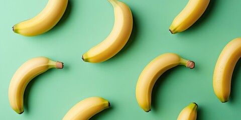 Vibrant yellow bananas scattered on a smooth green background creating a fresh and lively composition ideal for food and wellness themes