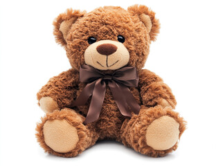 Obraz premium A cuddly teddy bear with a brown ribbon bow sits against a pure white background. Its soft fur and classic design make it a perfect symbol of warmth, nostalgia, and childhood memories.