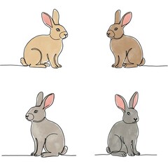 Fototapeta premium Collection of rabbits. Isolated line drawings with color spots. 
