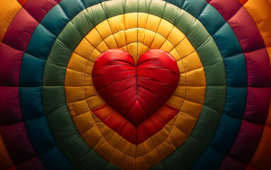 Fototapeta premium A view from inside a vibrant hot air balloon, with a large heart shape at its center. The rainbow colors form a mesmerizing pattern, creating a sense of wonder and excitement.
