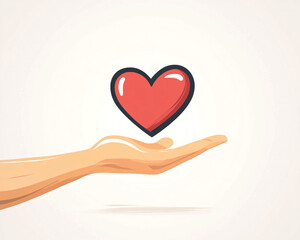 A hand with a heart icon in black outline symbolizes love and care, set on a clean white background. The minimalist design conveys compassion and affection, ideal for self-care or community themes.