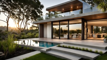 Obraz premium Modern house with a pool and landscaped garden at sunset.