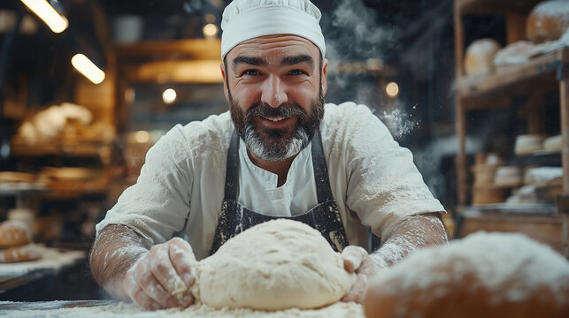 baker smiling and looking the camera while kneading bread dough in a bakery.