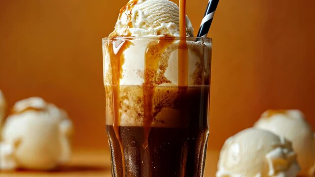 Slow pour over ice cream float with creamy vanilla scoop and bubbles