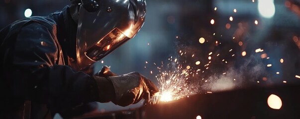 Welder works with sparks flying in dimly lit space