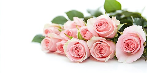 Bouquet of soft pink roses arranged on a white background with lush green leaves in a diagonal position providing ample copy space, selective focus.