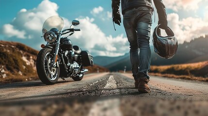Biker walking towards motorcycle holding helmet, sunset ride, leather jacket, adventure road trip, motorcyclist silhouette, freedom on highway journey