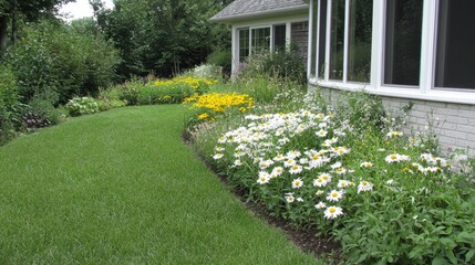 Fototapeta premium Summer garden border, house, lawn, flowers, landscaping