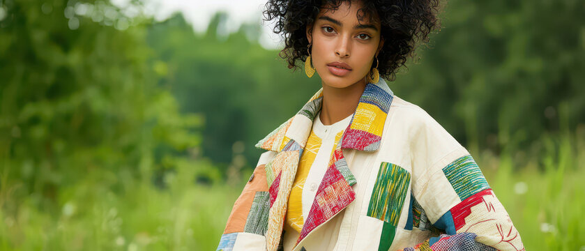 Woman in Patchwork Coat: A stylish woman with dark curly hair confidently poses in a vibrant patchwork coat, set against a backdrop of lush green foliage. Her earrings add a touch of elegance. 