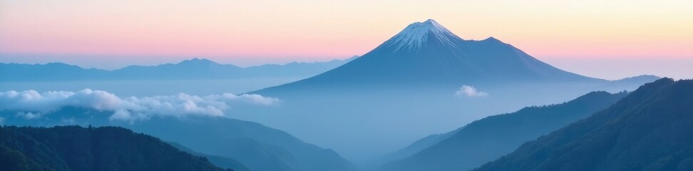 Fototapeta premium Alishan mountain peak shrouded in misty clouds, landscape, mountains, sky