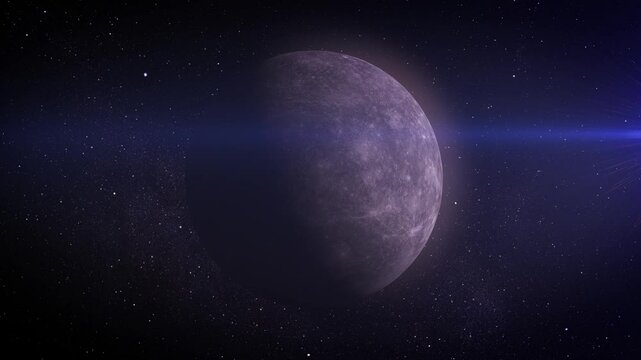 The rocky surface of Mercury.
Mercury, the innermost planet, showcases its rugged, cratered surface, framed by the infinite darkness of space and twinkling stars.

