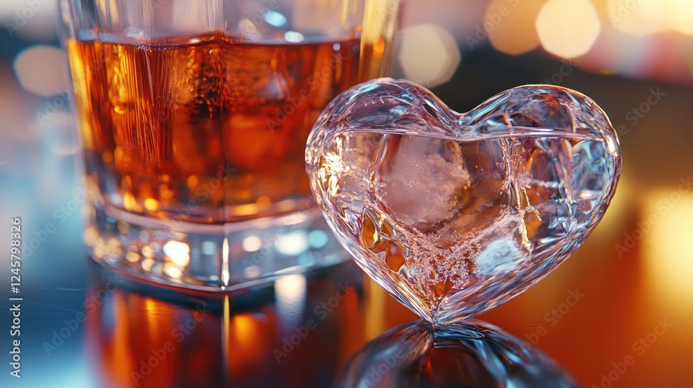 Poster a crystal-clear heart-shaped ice cube resting on a table next to a drink, with the ice and beverage 