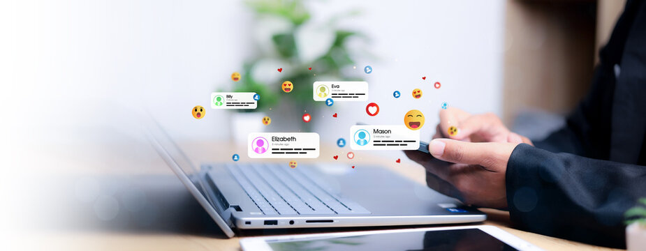 Social media and digital online concept, man using smart phone with Social media. online marketing, technology, chat, post, like, follow at phone screen.