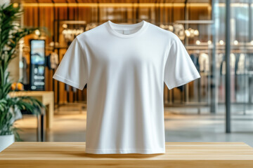 Blank short sleeve t-shirt mockup. Basic white shirt hanging under table in shopping center. Unisex basic tee template. Front view of casual shirt mock up for men's, women's designs	