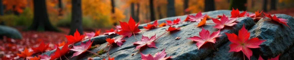 Obraz premium Autumn foliage atop ancient granite, red leaves scattered, color change, nature, foliage