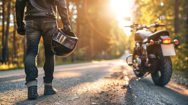 Biker walking towards motorcycle holding helmet, sunset ride, leather jacket, adventure road trip, motorcyclist silhouette, freedom on highway journey