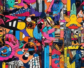 Fototapeta premium Dynamic Sports Graffiti Collage on Urban Brick Wall with Colorful Characters and Symbols