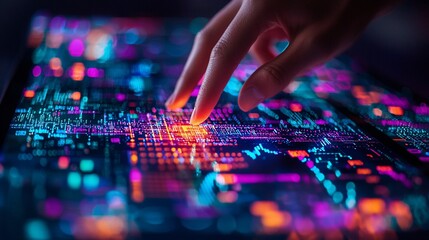 Fototapeta premium Fingertip interacts with digital data, glowing screen, dark background