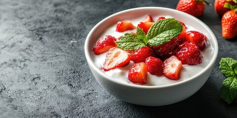 Fresh strawberries and mint leaves atop creamy yogurt in a white bowl on a dark textured surface with whole strawberries beside.