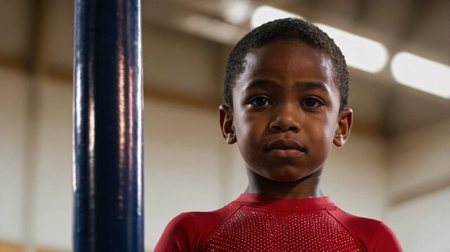 Determined young athlete in vibrant red attire stands poised, ready to take on challenges in a vibrant gymnasium setting filled with energy and potential - Powered by Adobe