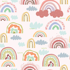 Hand drawn cartoon rainbows, clouds, and dots seamless pattern. Vector illustration, kids pattern.