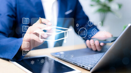 Education concept for success. E-learning program certificate and online education learning workshop training.