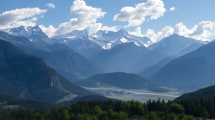 Mountainscape with forested hills, snowy peaks, and clear blue sky with scattered clouds.