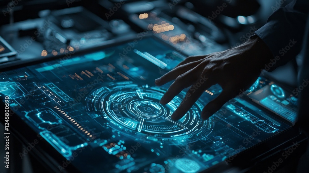 Poster A hand hovers over a glowing holographic interface filled with intricate data patterns and graphics. The atmosphere is futuristic and sophisticated, showcasing innovation in technology
